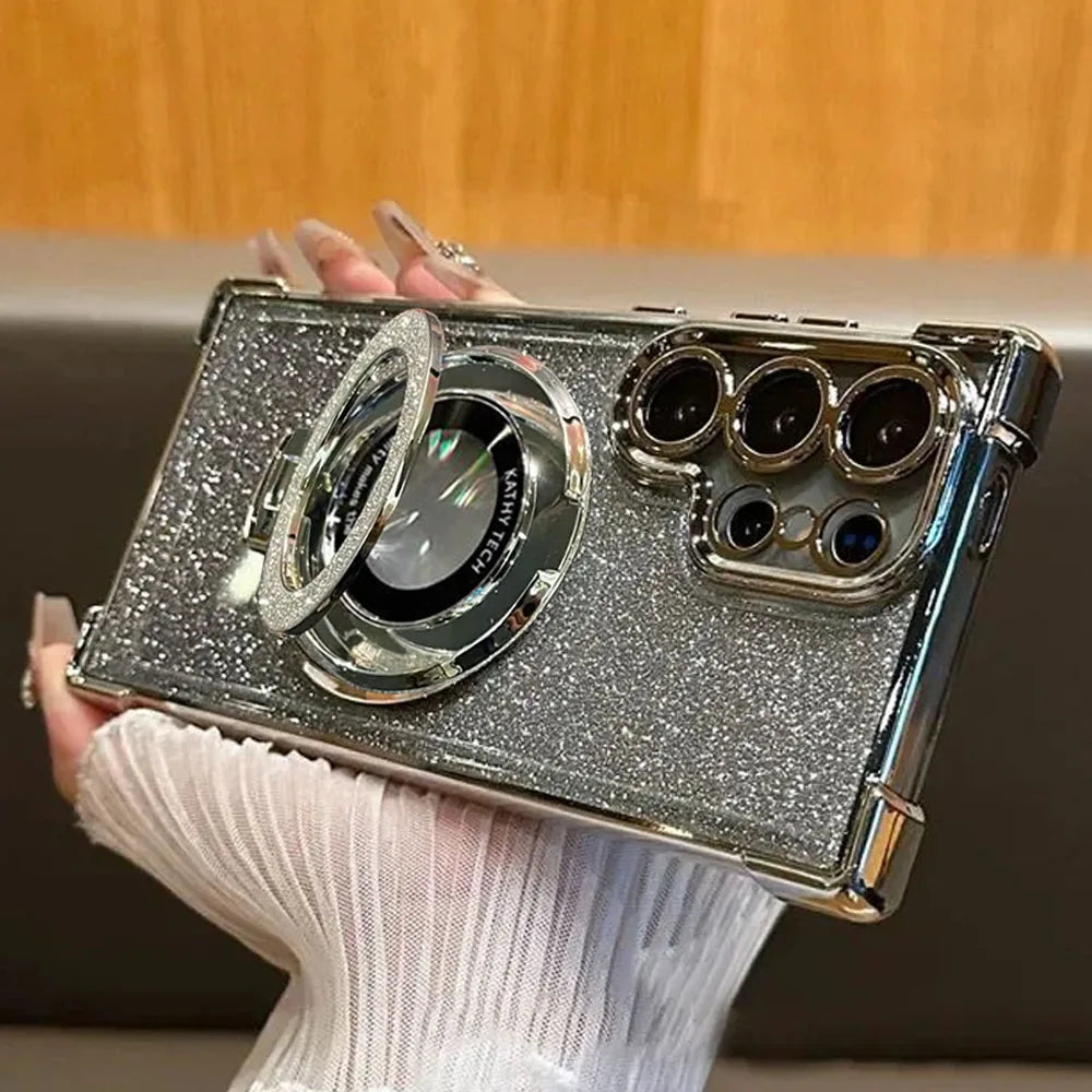 Luxury Magnetic Plating Stand Shockproof Glitter Case for Samsung Galaxy S25 Edge S24 Ultra S23 S22 Plus S21 S20 FE Clear Cover