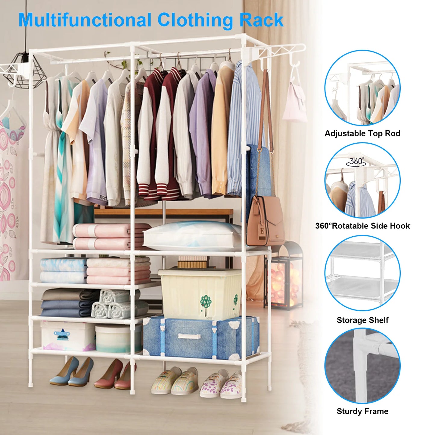 Metal Garment Clothing Rack Shoe Clothing Organizer Shelves Freestanding Multifunctional Clothes Wardrobe