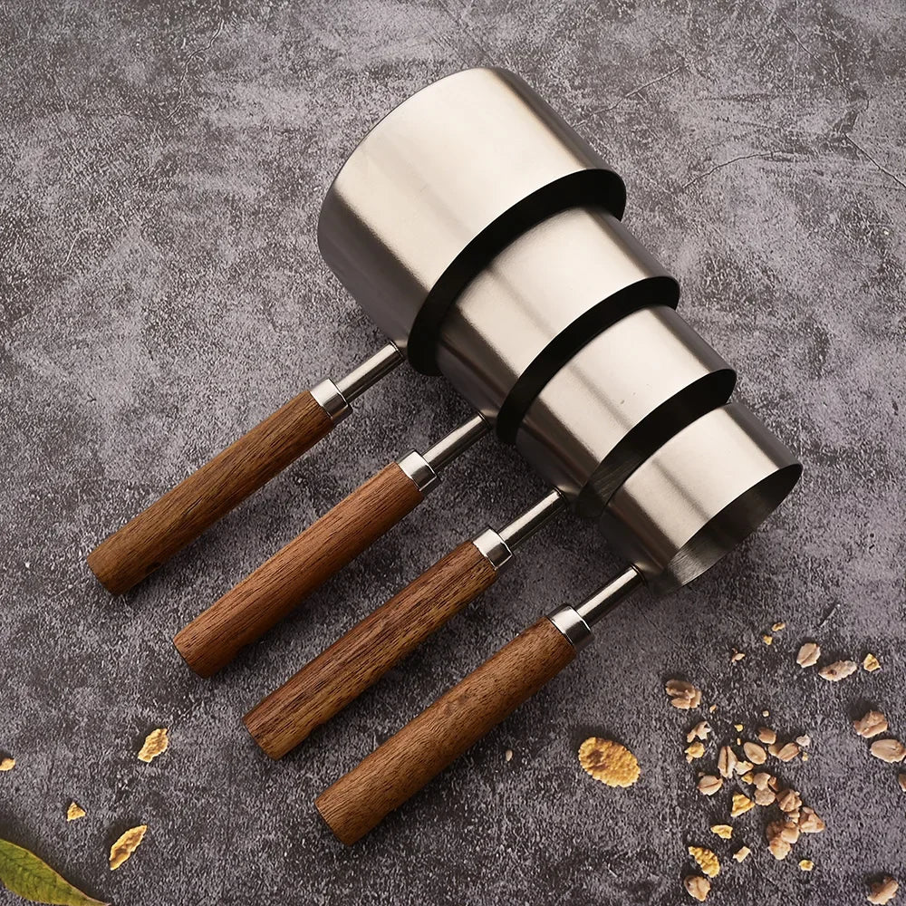1/4/8pcs Stainless Steel Measuring Spoons With Scale Wooden Handle Household Kitchen Dining Bar Baking Tools Measuring Cups