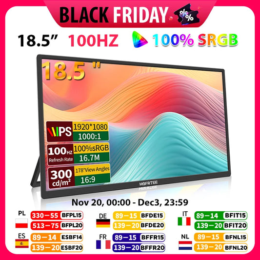 HGFRTEE 18.5inch 100Hz Portable Monitor With VESA Hole Stand PC Gaming Extended Display ADS-IPS Large screen Support Type-C HDMI