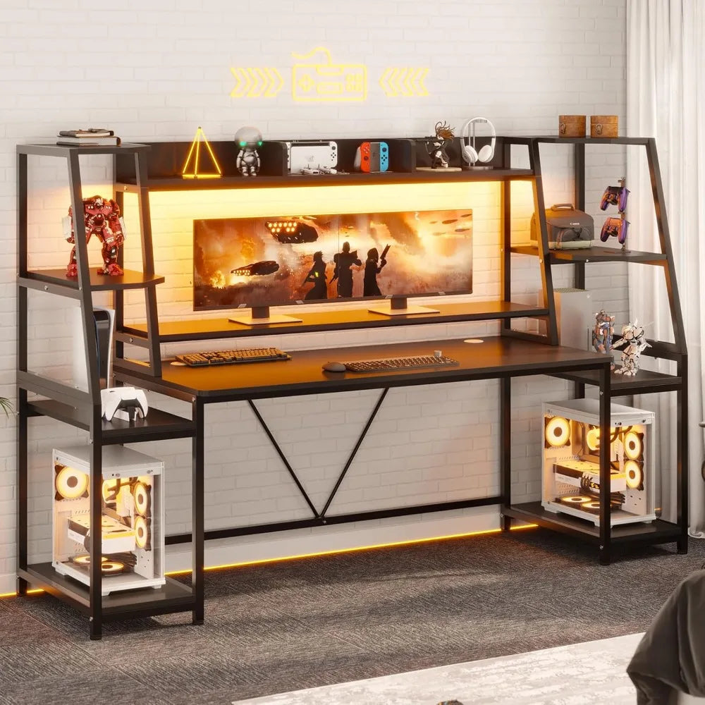 Hutch and Storage Shelves, Computer Desk with Monitor Stand, Large PC Gamer Desk WorkWorkstation, Ergonomic Gaming Table