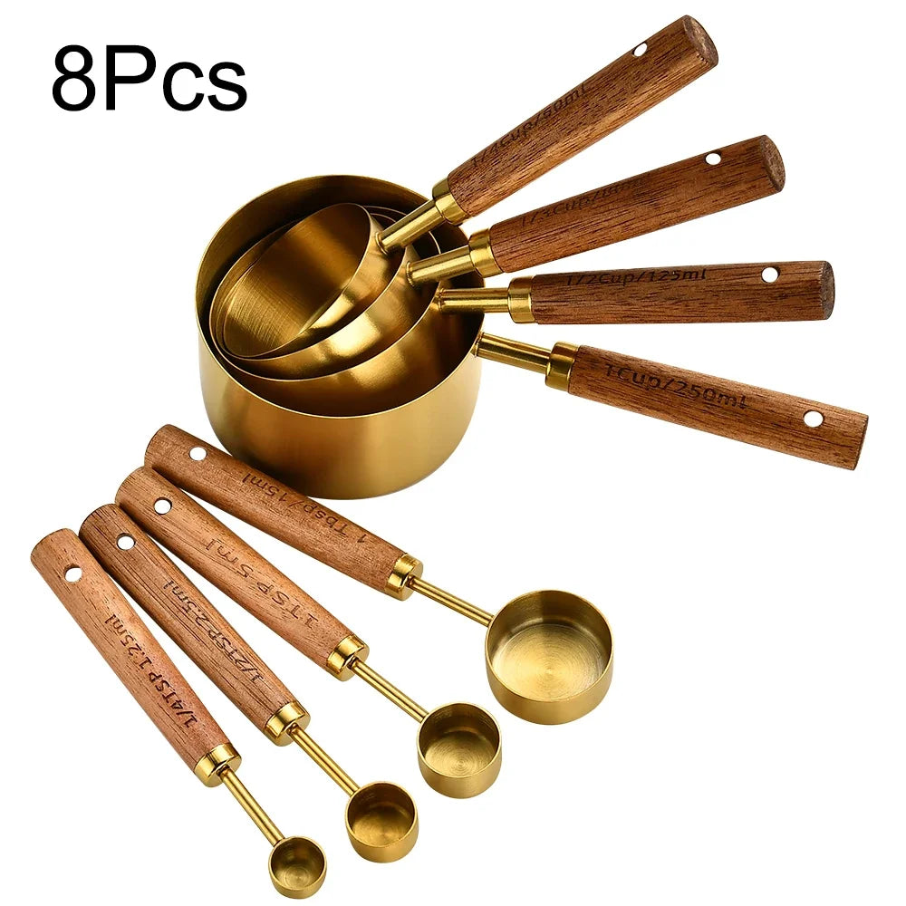 1/4/8pcs Stainless Steel Measuring Spoons With Scale Wooden Handle Household Kitchen Dining Bar Baking Tools Measuring Cups