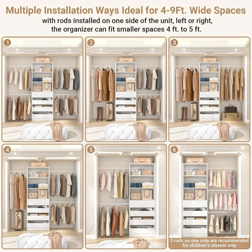 Closet System, 4-9 Ft Closet Organizer with 4 Wooden Drawers, Wooden Closet Organizer System with Tower