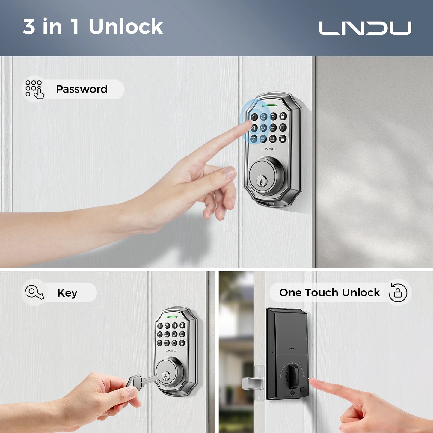 LNDU Smart Lock D180 100 Entry Codes Electronic Keypad Deadbolt Anti-Peeping Password One Touch Auto-Locking Security Door Lock