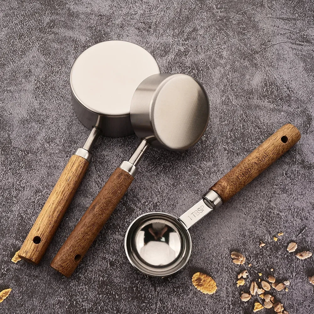 1/4/8pcs Stainless Steel Measuring Spoons With Scale Wooden Handle Household Kitchen Dining Bar Baking Tools Measuring Cups