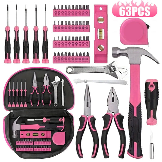 63pcs Pink Home Repair Tool Set for Women with Durable Metal Hand Tools, DIY Household