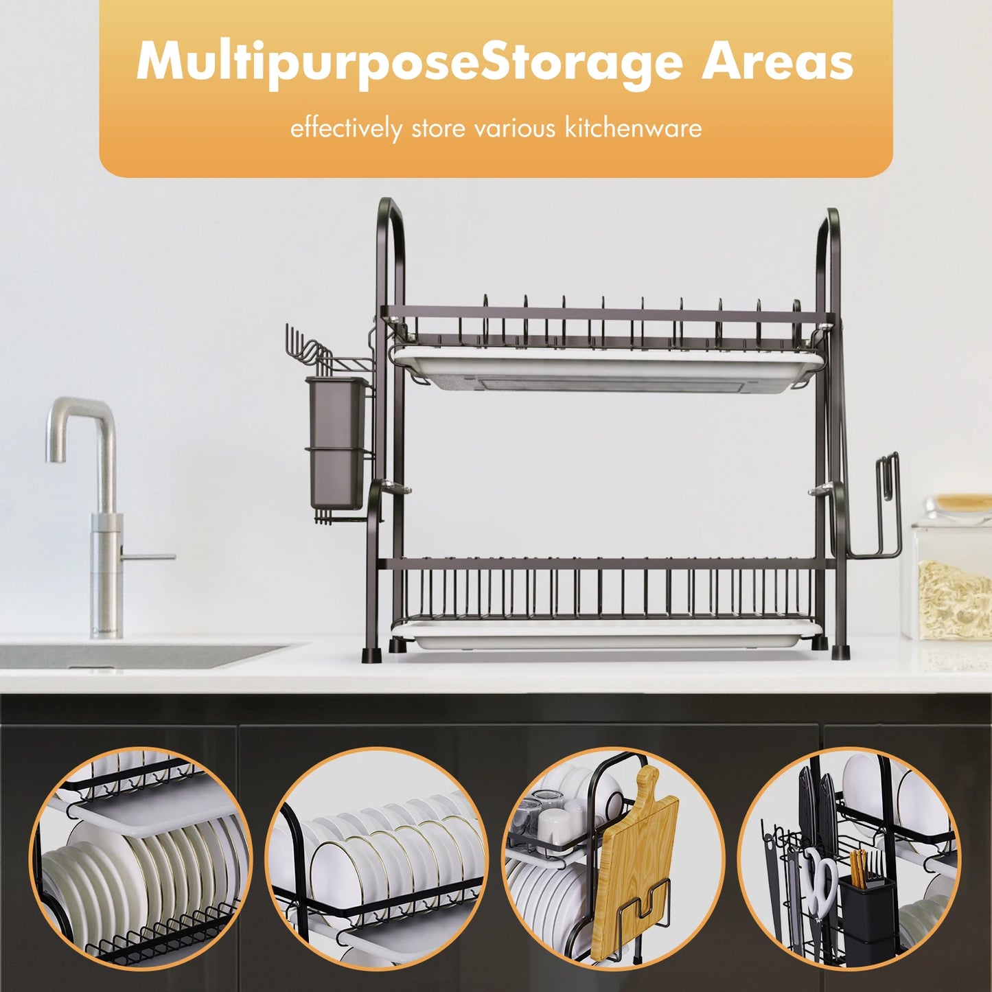 2-TierDish Drying Rack for Kitchen Drain Board Tray Compact Dishing Rack  Space-Saving with Utensil Holder Drainboard