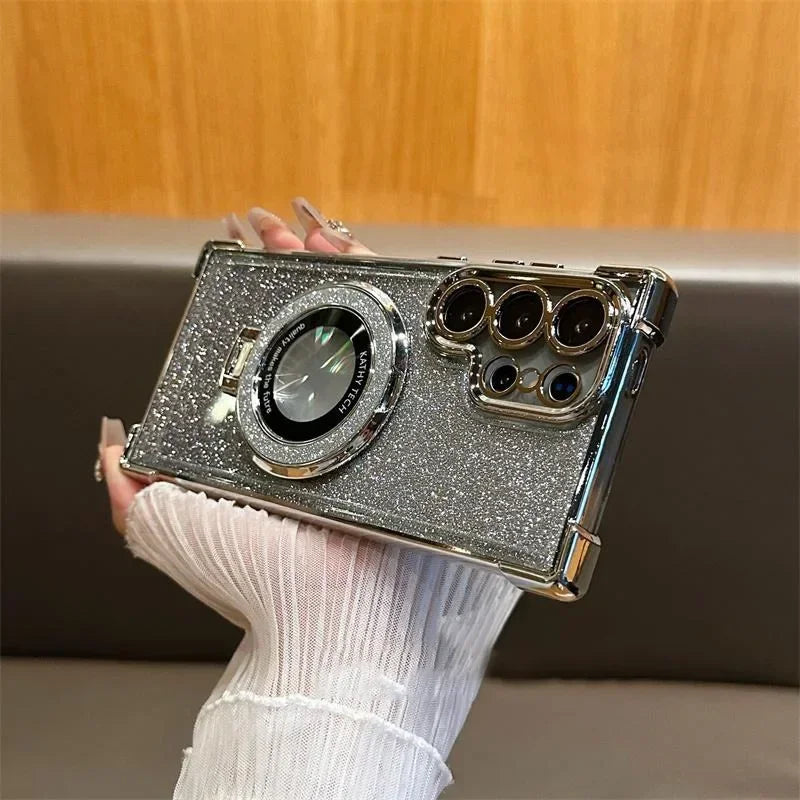 Luxury Magnetic Plating Stand Shockproof Glitter Case for Samsung Galaxy S25 Edge S24 Ultra S23 S22 Plus S21 S20 FE Clear Cover