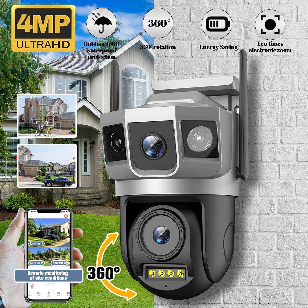 Outdoors Wifi Camera HD Triple Lens Triple Screens Human Auto Tracking Detect Waterproof Night Vision CCTV Security Protection