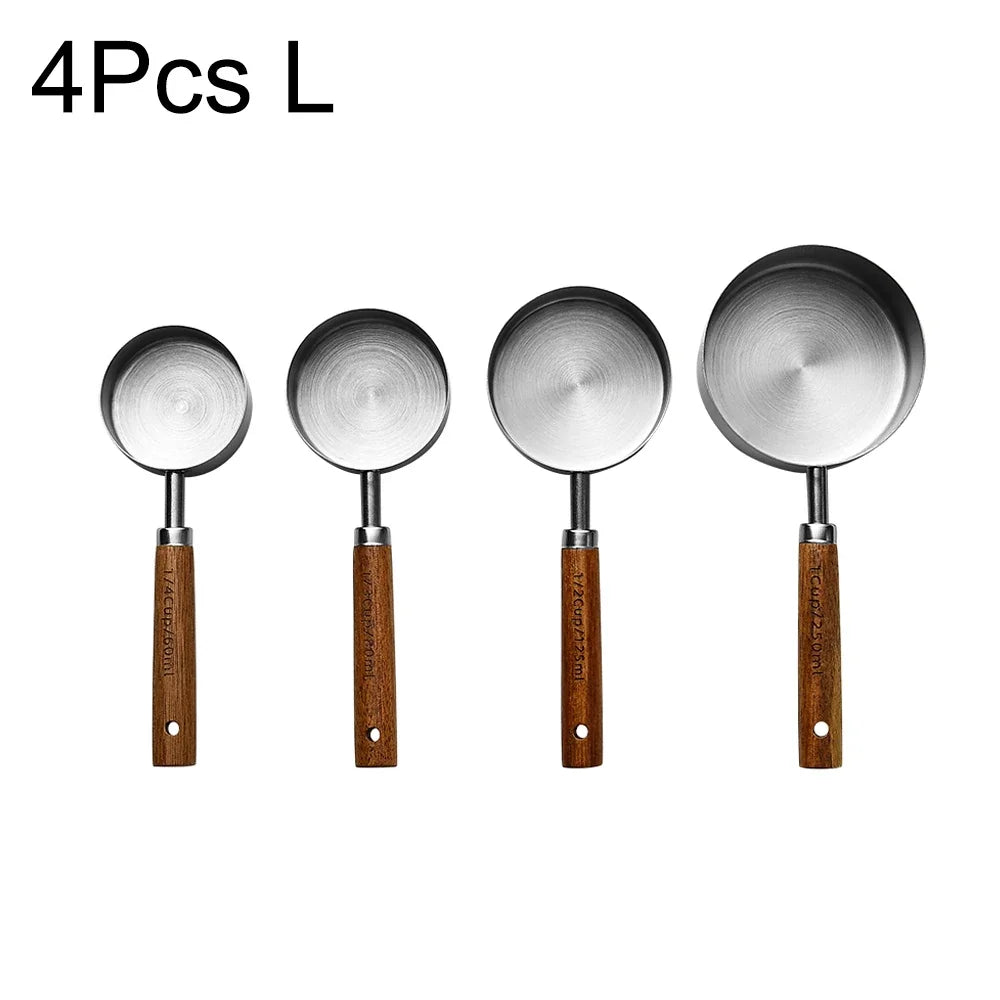1/4/8pcs Stainless Steel Measuring Spoons With Scale Wooden Handle Household Kitchen Dining Bar Baking Tools Measuring Cups